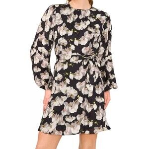 NWT Ted Baker Black Floral Puff Sleeve Belted Mini Dress S
